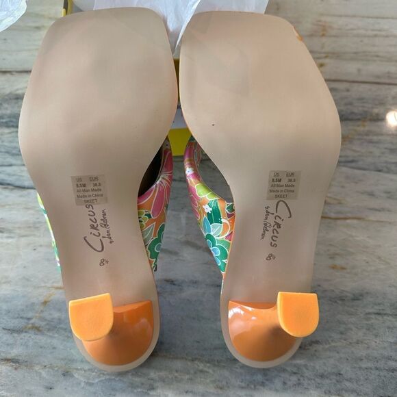 Skeet Slide Sandals, Circus by Sam Edelman, Orange Tropical Flower Square Toe - Picture 8 of 12